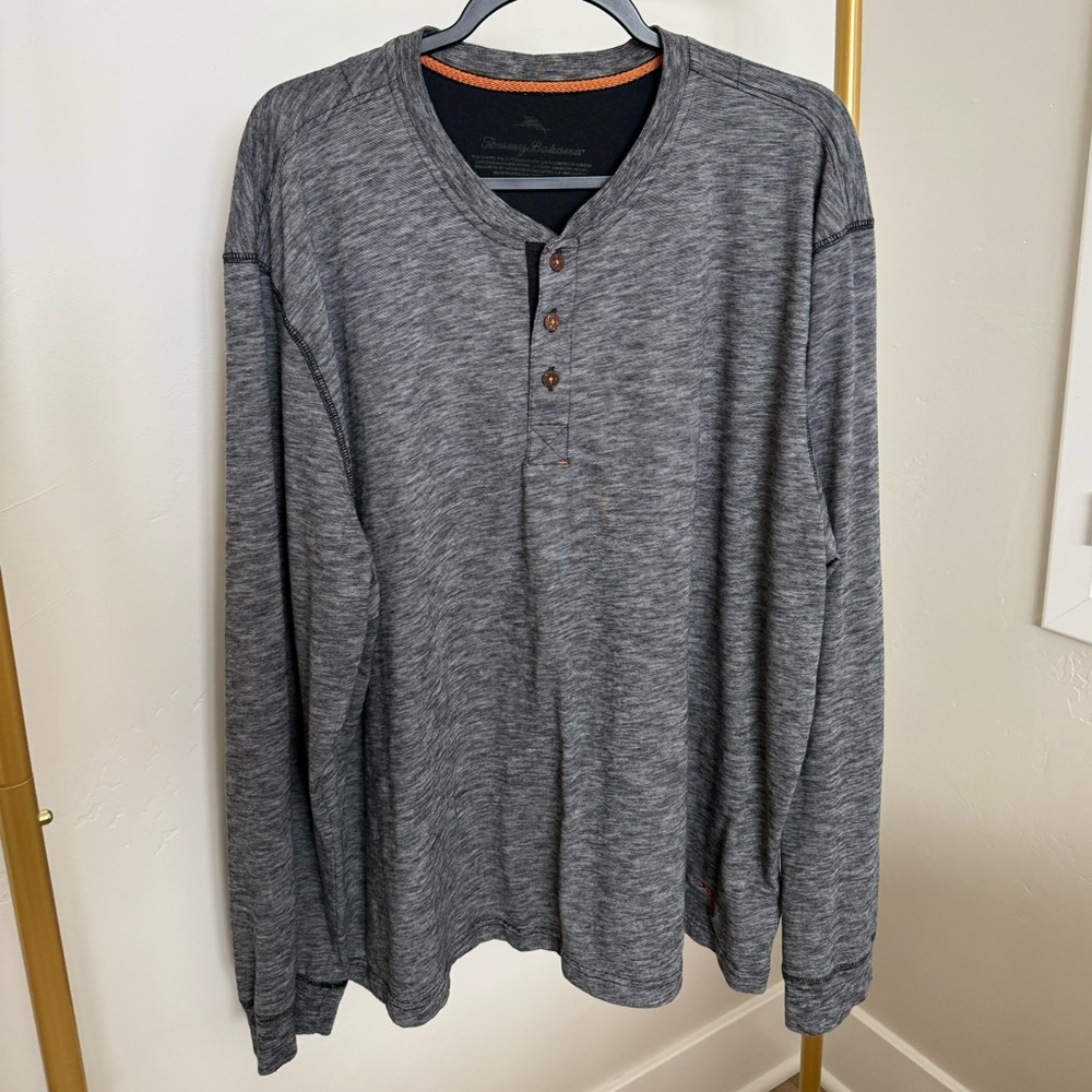 Tommy Bahama Men's Dark Heather Gray Long-Sleeve Henley | Wood Buttons | XXL